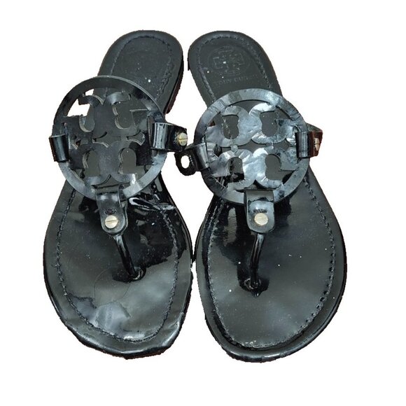 Tory Burch Miller Sandals Black Patent Leather Logo Thong Flip Flops Women Sze 9 - Picture 2 of 14